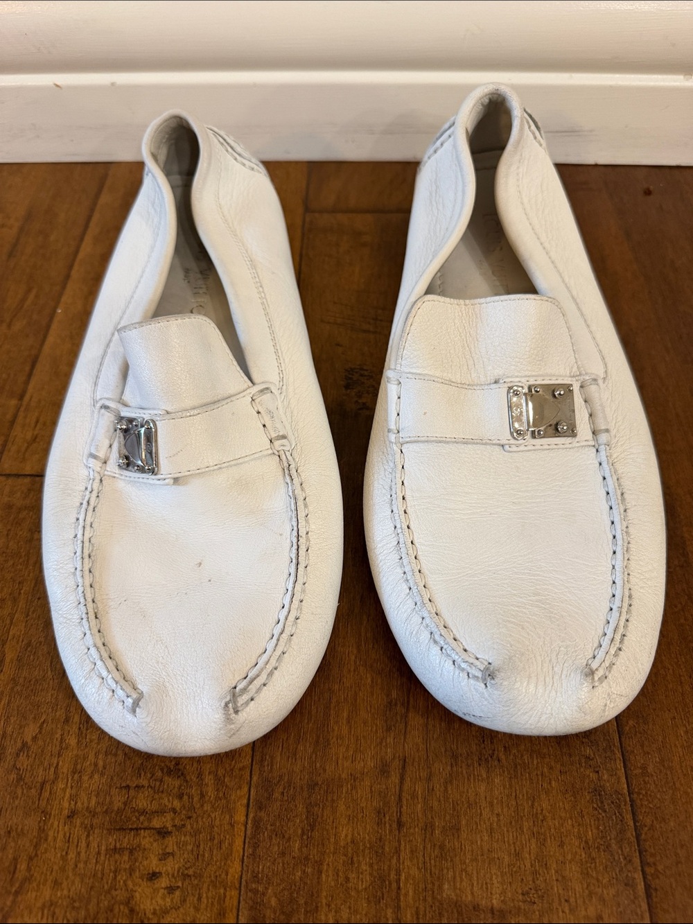 Louis Vuitton White Leather Slip-On Loafers with Silver Buckle Accent 9.5